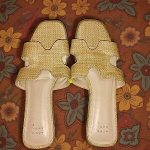 A New Day tan woven sandals with a square toe and ankle strap. Size: US 8